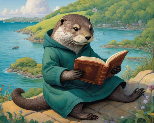 otter,north american river otter,scholar,otter baby,otters,otterbaby,relaxing reading,stoat,read a book,mustelidae,bookworm,reading,ferret,splinter,child with a book,polecat,reader,weasel,american mink,marten,Illustration,Realistic Fantasy,Realistic Fantasy 05