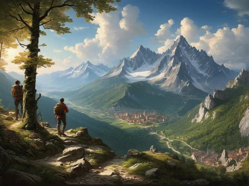 mountain scene,fantasy landscape,mountain world,fantasy picture,mountainous landscape,mountain landscape,autumn mountains,high alps,the landscape of the mountains,landscape mountains alps,mountains,fantasy art,giant mountains,high landscape,mountainous landforms,mountain settlement,high mountains,landscape background,mountain range,bernese alps,Art,Classical Oil Painting,Classical Oil Painting 25