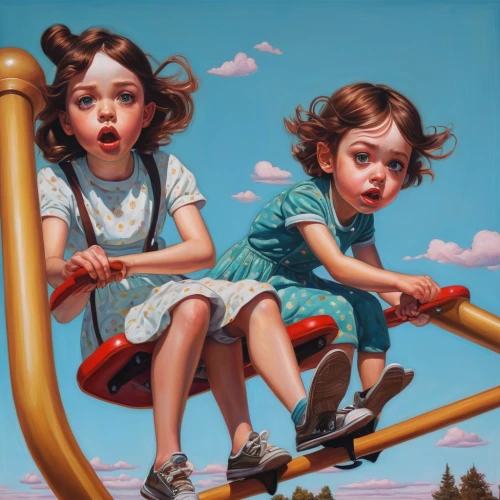 teeter-totter,seesaw,tandem flight,children girls,surrealism,children play,golden swing,oil painting on canvas,merry-go-round,children,little girls,children's ride,chairlift,children's shopping cart,children jump rope,wooden swing,inner child,two girls,playground slide,dolls pram,Conceptual Art,Daily,Daily 15