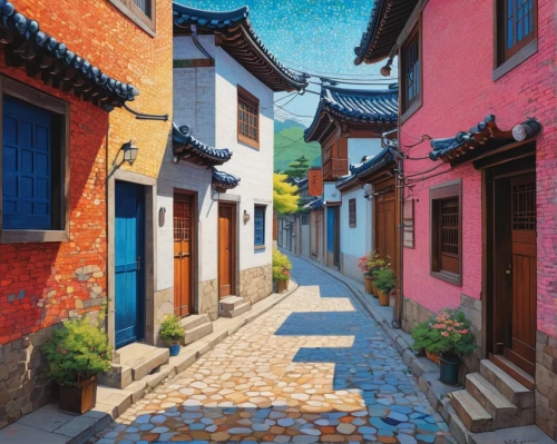 narrow street,bukchon,shanghai,chinese architecture,nanjing,colorful city,the cobbled streets,huashan,china,guilinggao,hong,old linden alley,asian architecture,korea,blocks of houses,vietnam,alley,xiamen,color pencil,asia,Conceptual Art,Daily,Daily 31