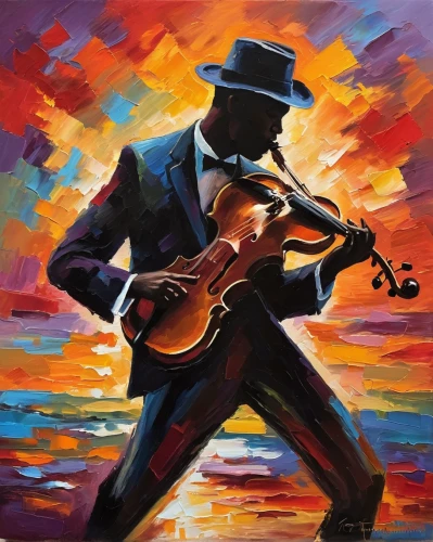 jazz guitarist,blues and jazz singer,musician,man with saxophone,saxophone playing man,guitar player,banjo player,jazz,jazz silhouettes,rainbow jazz silhouettes,itinerant musician,cavaquinho,violin player,mandolin,jazz it up,violinist,saxophonist,street musician,musicians,saxophone player,Conceptual Art,Oil color,Oil Color 22