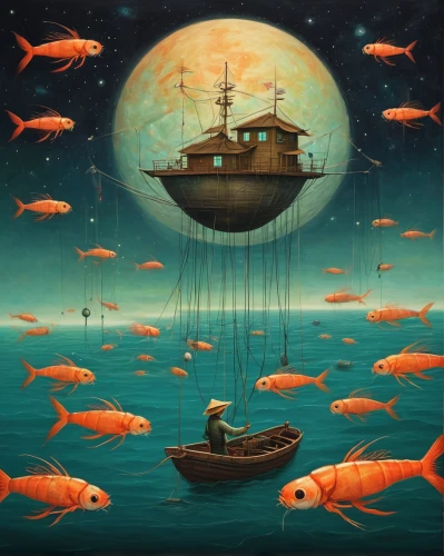 adrift,surrealism,fishing float,sea fantasy,sunken ship,deep sea,deep sea diving,fish in water,waterglobe,diving bell,school of fish,afloat,cube sea,dreams catcher,fishing trawler,sci fiction illustration,the people in the sea,ocean pollution,surrealistic,airships,Illustration,Abstract Fantasy,Abstract Fantasy 17