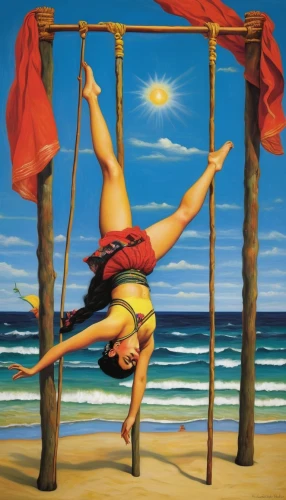 pole climbing (gymnastic),horizontal bar,artistic gymnastics,rope (rhythmic gymnastics),hoop (rhythmic gymnastics),hanging swing,circus aerial hoop,golden swing,equal-arm balance,parallel bars,gymnastic rings,sun salutation,woman hanging clothes,hang-glider,khokhloma painting,pole vaulter,sport kite,trampolining--equipment and supplies,hang glider,flying trapeze,Art,Artistic Painting,Artistic Painting 31