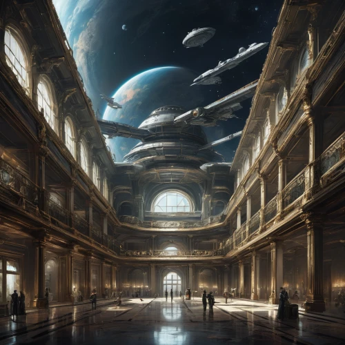 sci fiction illustration,hall of the fallen,planetarium,atlantis,space art,immenhausen,sky space concept,cg artwork,fantasy art,orchestral,fantasy picture,scifi,inner space,sci fi,imperial,astronomy,panopticon,science fiction,auqarium,large space,Art,Classical Oil Painting,Classical Oil Painting 35