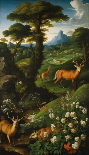 hunting scene,animals hunting,chamois with young animals,pere davids deer,european deer,antelope,woodland animals,deers,oxen,antelopes,forest animals,garden of eden,forest landscape,meadow landscape,landseer,fauna,golf landscape,landscape,brook landscape,pasture,Art,Classical Oil Painting,Classical Oil Painting 21