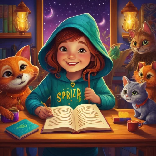 kids illustration,little girl reading,sci fiction illustration,magic book,spell,book illustration,game illustration,children's fairy tale,fairy tale character,little red riding hood,magical adventure,merida,reading owl,child with a book,fairy tale icons,children's background,childrens books,a collection of short stories for children,fairytale characters,cat sparrow,Illustration,Realistic Fantasy,Realistic Fantasy 45