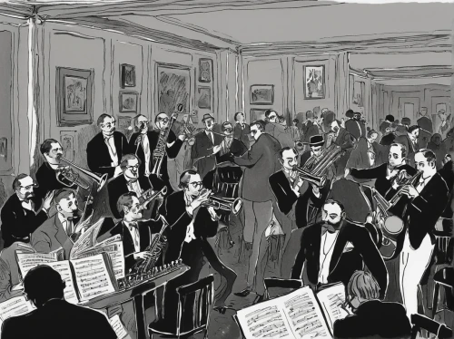 orchestra,symphony orchestra,philharmonic orchestra,orchesta,orchestra division,trombone concert,big band,musical ensemble,orchestral,musicians,brass band,music society,violinists,concert,symphony,sibelius,concertmaster,concert hall,musical paper,concerto for piano,Illustration,Black and White,Black and White 29