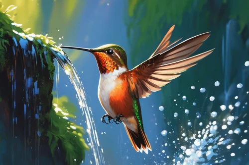 rufous hummingbird,bird painting,water bird,bird illustration,rufous,bee eater,migratory bird,green-tailed emerald,kingfisher,bird in bath,diving bird,hummingbird,humming bird,bird hummingbird,bird bath,humming birds,hummingbirds,waterbird,aquatic bird,colorful birds,Conceptual Art,Fantasy,Fantasy 19