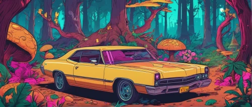 cartoon forest,yellow car,retro car,forest,retro vehicle,safari,flower car,car drawing,the forest,lada,vanagon,datsun 510,forest background,digital illustration,forests,w113,pink car,retro automobile,planted car,the forests,Illustration,Vector,Vector 19