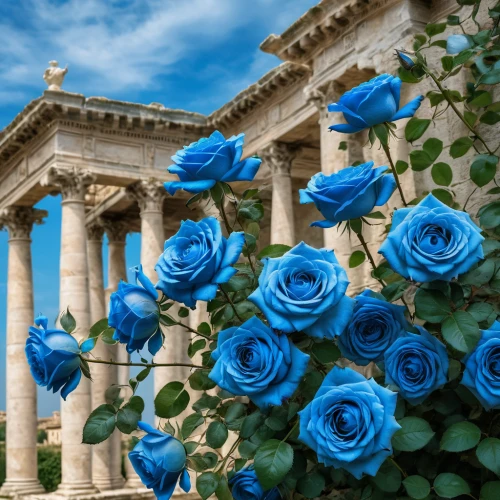 noble roses,doric columns,blue rose,greek temple,three pillars,rose garden,historic rose,classical architecture,temple of diana,blue moon rose,blue flowers,blooming roses,columns,roman columns,rose roses,way of the roses,ancient greek temple,vittoriano,classical antiquity,culture rose,Photography,General,Natural
