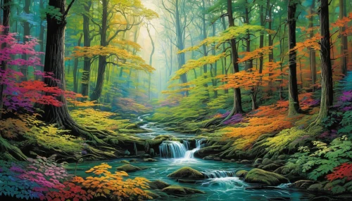 forest landscape,fairytale forest,fairy forest,enchanted forest,splendid colors,autumn forest,holy forest,germany forest,nature landscape,forest background,forest of dreams,colorful background,harmony of color,colorful water,mixed forest,background colorful,cascading,mountain stream,colorful tree of life,beauty in nature,Illustration,American Style,American Style 04