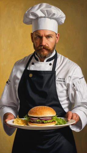 chef,luther burger,chef's uniform,burger emoticon,chef's hat,men chef,hamburger,classic burger,chef hat,burger,veggie burger,hollandaise sauce,big hamburger,the burger,salmon burger,burguer,chicken burger,cooking book cover,ground turkey,cheeseburger,Art,Classical Oil Painting,Classical Oil Painting 20