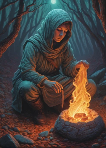 fire artist,campfire,game illustration,cg artwork,sci fiction illustration,campfires,druid stone,fantasy art,fantasy picture,candlemaker,hooded man,chalk drawing,world digital painting,digital painting,mage,warmth,the ethereum,druid,monk,candlemas,Conceptual Art,Daily,Daily 25