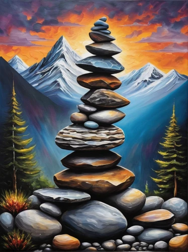 stacked rocks,stacked rock,cairn,mountain stone edge,stacking stones,mountain scene,rock stacking,painting technique,rock cairn,mountain landscape,stack of stones,background with stones,stacked stones,balanced pebbles,oil painting on canvas,chalk stack,rock painting,balanced boulder,oil on canvas,art painting,Illustration,Abstract Fantasy,Abstract Fantasy 14