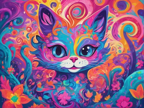 pink cat,psychedelic art,cartoon cat,whimsical animals,rainbow rabbit,colorful background,feline,calico cat,flower cat,colorful foil background,flower animal,doodle cat,capricorn kitz,swirls,kitty,cottontail,psychedelic,blossom kitten,lucky cat,animal feline,Conceptual Art,Oil color,Oil Color 23