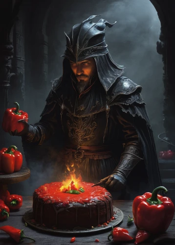 dwarf cookin,spoiled red bell pepper,red bell peppers,chef,tomatos,candy cauldron,borscht,red bell pepper,capsicums,dark mood food,pappa al pomodoro,calabaza,bell peppers,candlemaker,tomato,torte,fondant,greed,pepper cake,bellpepper,Conceptual Art,Fantasy,Fantasy 13