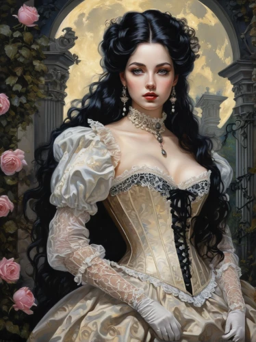 victorian lady,gothic portrait,white rose snow queen,fantasy portrait,romantic portrait,victorian style,gothic woman,lady of the night,queen anne,white lady,bodice,fantasy art,wild roses,rosa,scent of roses,the victorian era,rosa ' amber cover,lady banks' rose ,lady banks' rose,romantic rose,Art,Classical Oil Painting,Classical Oil Painting 01