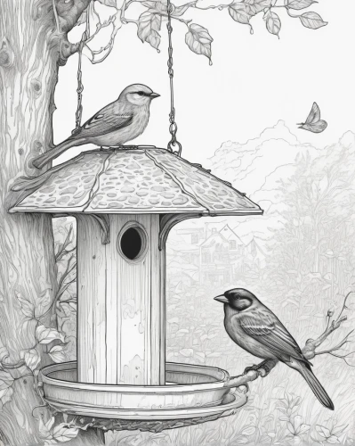 birdhouses,bird house,birdhouse,songbirds,bird illustration,flower and bird illustration,birdfeeder,bird feeder,garden birds,nest box,wooden birdhouse,bird home,finches,house finches,line art birds,society finches,nesting box,bird food,sparrows,chickadee,Illustration,Black and White,Black and White 13