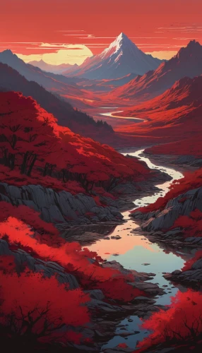 landscape red,mountain sunrise,red sky,volcanic landscape,red cliff,alpine sunset,red tones,autumn mountains,mountain landscape,mountains,lava river,river landscape,red earth,mountain plateau,dune landscape,volcanic field,red sky at morning,high landscape,mountain,swampy landscape,Illustration,Realistic Fantasy,Realistic Fantasy 12