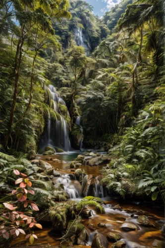 mountain stream,brook landscape,valdivian temperate rain forest,a small waterfall,rain forest,cascading,rainforest,forest landscape,cascades,mountain spring,brown waterfall,tropical and subtropical coniferous forests,robert duncanson,riparian forest,paparoa national park,wasserfall,world digital painting,green waterfall,bridal veil fall,waterfall