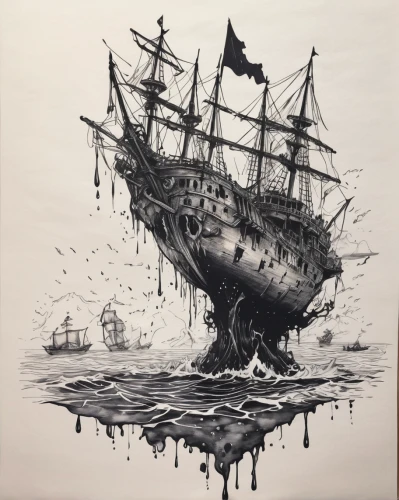 galleon,pirate ship,galleon ship,sloop-of-war,ghost ship,shipwreck,ship wreck,rotten boat,caravel,manila galleon,pirates,pirate,east indiaman,jolly roger,sail ship,full-rigged ship,sea sailing ship,tallship,sailing ship,sunken ship,Illustration,Black and White,Black and White 34