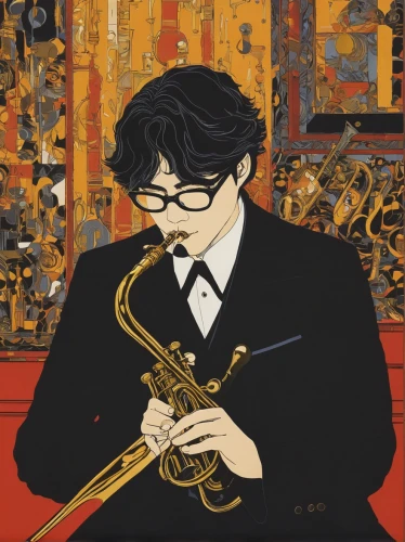 drawing trumpet,yukio,flugelhorn,euphonium,trumpet player,trombonist,trumpet gold,saxhorn,big band,trumpeter,brass instrument,trumpet-trumpet,wind instrument,trumpet,saxophonist,trombone player,man with saxophone,clamp,dizzy,clarinetist,Illustration,Japanese style,Japanese Style 17