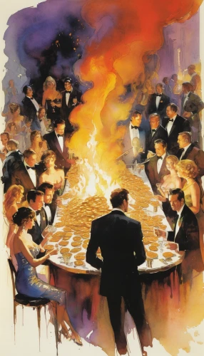 mafia,the conflagration,feuerzangenbowle,orchestra,symphony orchestra,waiter,philharmonic orchestra,boardroom,fine dining restaurant,exclusive banquet,game illustration,cimbalom,toasting,piano bar,dinner party,orchesta,big band,lake of fire,dining,mitzvah,Illustration,Paper based,Paper Based 12