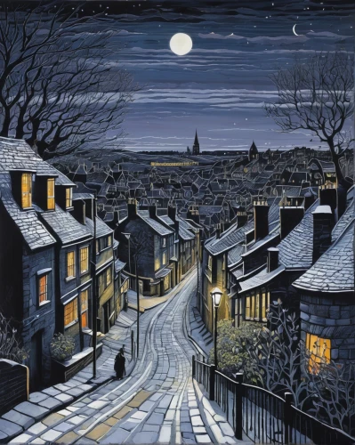 david bates,otley,carol colman,christmas landscape,lovat lane,night scene,yorkshire,wintry,shaftesbury,northumberland,the cobbled streets,stirling town,cheshire,harrogate,north yorkshire,lee slattery,moonlit night,night snow,beamish,winter landscape,Illustration,Black and White,Black and White 15