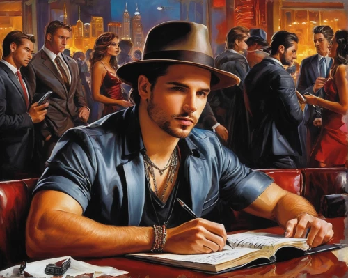 white-collar worker,businessman,bellboy,gambler,italian painter,meticulous painting,art painting,gentleman icons,fedora,private investigator,black businessman,watchmaker,sci fiction illustration,black hat,stock broker,poker,mafia,fraternity,game illustration,songbook,Illustration,Realistic Fantasy,Realistic Fantasy 10