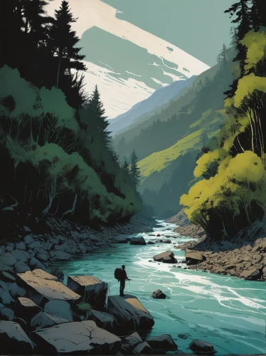 river landscape,mountain river,creek,streams,a river,mountain stream,flowing creek,washes,stream,rapids,riverbank,fly fishing,moraine,waterway,river,clear stream,river juniper,rivers,freshwater,to the river,Illustration,Paper based,Paper Based 05