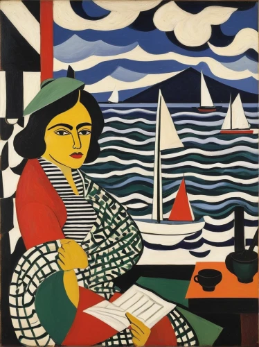 david bates,olle gill,girl on the boat,woman holding pie,woman sitting,roy lichtenstein,woman at cafe,breton,woman with ice-cream,braque francais,regatta,braque saint-germain,woman drinking coffee,child with a book,woodblock prints,picasso,cool woodblock images,felucca,boat landscape,girl on the river,Art,Artistic Painting,Artistic Painting 39