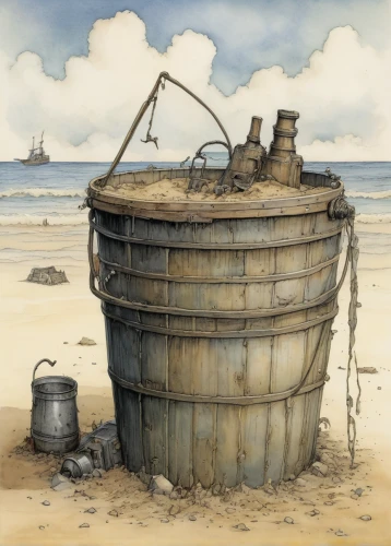 sand bucket,wooden bucket,oil tank,water tank,barrel,shipwreck,wooden buckets,oil drum,commercial fishing,fisherman's hut,tankerton,crab pot,oil barrels,fish traps,bucket,round hut,barrels,digging ship,storage tank,fishing trawler,Illustration,Paper based,Paper Based 29