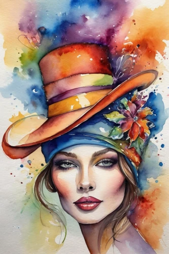 watercolor women accessory,fashion illustration,watercolor painting,watercolor paint,boho art,the hat-female,the hat of the woman,watercolor paint strokes,watercolor,hatter,woman's hat,watercolor pencils,water colors,ordinary sun hat,watercolors,girl wearing hat,ladies hat,high sun hat,women's hat,sun hat,Illustration,Paper based,Paper Based 24