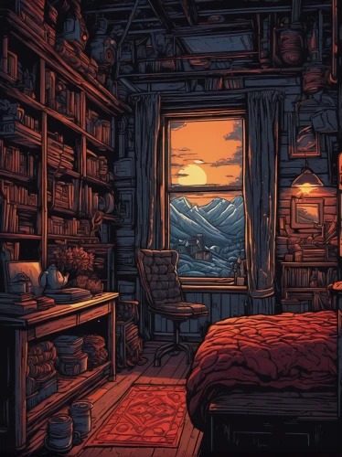 cabin,study room,abandoned room,the cabin in the mountains,bookcase,bookshelves,cold room,sleeping room,room,bedroom,small cabin,attic,reading room,bookshop,book wall,one room,bookstore,one-room,book store,bookshelf,Illustration,Realistic Fantasy,Realistic Fantasy 25