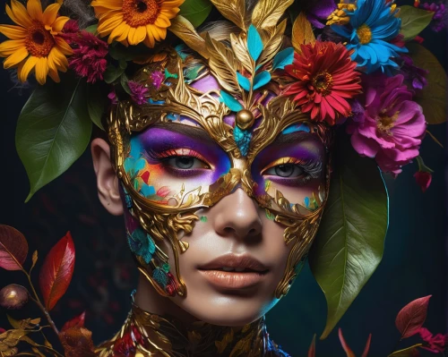 masquerade,fantasy portrait,elven flower,venetian mask,face paint,girl in flowers,wreath of flowers,colorful floral,kahila garland-lily,golden wreath,floral composition,beautiful girl with flowers,floral wreath,girl in a wreath,flower fairy,fantasy art,flora,golden mask,boho art,flower nectar,Photography,Artistic Photography,Artistic Photography 08