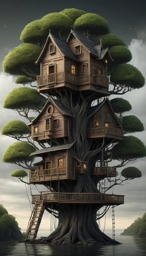 tree house,tree house hotel,treehouse,stilt house,stilt houses,wooden house,crooked house,tree top,treetop,house in the forest,hanging houses,bird house,little house,log home,timber house,inverted cottage,tree tops,the japanese tree,floating island,cube stilt houses,Illustration,Realistic Fantasy,Realistic Fantasy 17