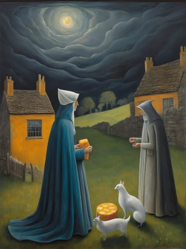 pilgrims,nuns,candlemas,nativity,shepherds,the annunciation,fox and hare,monks,pilgrim,pilgrim staffs,santons,celebration of witches,sheepdog trial,breton,lancashire cheese,carol colman,witches,st martin's day,shepherd romance,woman holding pie,Illustration,Abstract Fantasy,Abstract Fantasy 16