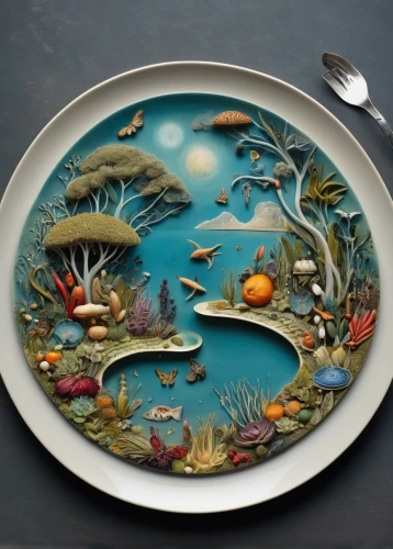 water lily plate,decorative plate,plate full of sand,vintage dishes,salad plate,chinaware,tableware,breakfast plate,dishware,tropical fish,wooden plate,fish in water,plates,sea foods,ocean pollution,sea food,dinner-plate magnolia,whimsical animals,serveware,dinner tray,Illustration,Realistic Fantasy,Realistic Fantasy 40