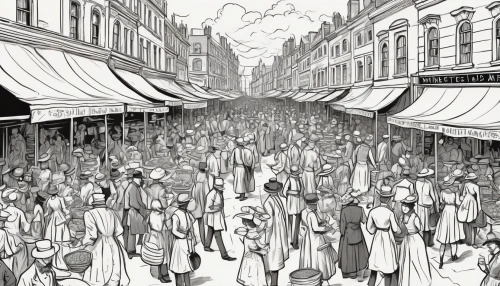 grand bazaar,mono-line line art,july 1888,large market,the market,souq,souk,book illustration,hand-drawn illustration,street scene,mono line art,the victorian era,crowds,market,shopping street,thoroughfare,medieval market,townscape,old street,eastgate street chester,Illustration,Black and White,Black and White 05
