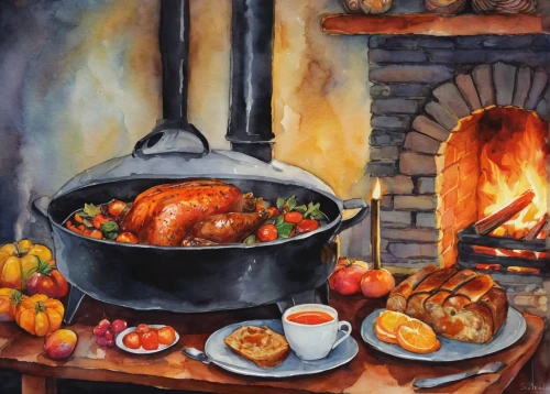 roasted chicken,roast chicken,cooking book cover,roasted chestnuts,roasted duck,leittafel,sunday roast,autumn still life,roasted pigeon,portuguese food,chicken barbecue,cassoulet,rotisserie,caldo de pollo,southern cooking,oil painting on canvas,cholent,coddle,christmas menu,onion roast,Illustration,Abstract Fantasy,Abstract Fantasy 07