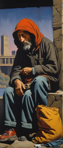 homeless man,unhoused,homeless,street artist,street artists,italian painter,poverty,man praying,peddler,middle eastern monk,bedouin,vendor,seller,soup kitchen,praying woman,meticulous painting,oil painting on canvas,economic crisis,street musician,woman praying,Art,Artistic Painting,Artistic Painting 33