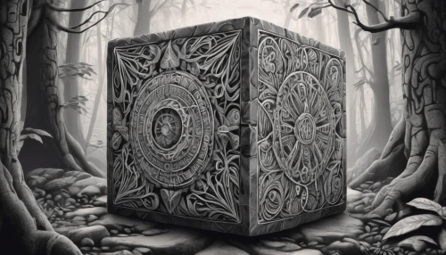 druid stone,lyre box,lotus stone,runestone,card box,fairy door,monolith,wood block,wooden block,wooden box,runes,magic grimoire,carved stone,carved wood,megalith,magic cube,druids,healing stone,wooden cubes,armoire,Illustration,Black and White,Black and White 11