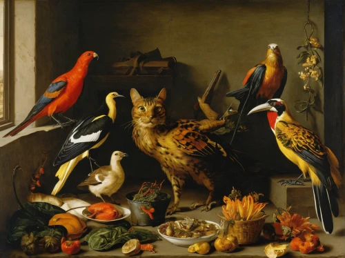 ornithology,bird food,still-life,domestic bird,bird supply,hunting scene,chamois with young animals,cornucopia,society finches,key birds,still life,poultry,cookery,food for the birds,flemish,pheasant,tropical birds,bird feeding,edible parrots,cuisine classique,Art,Classical Oil Painting,Classical Oil Painting 37