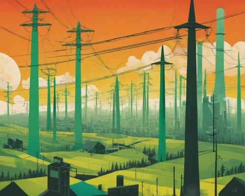 telephone poles,electricity pylons,powerlines,power lines,fields of wind turbines,pylons,industrial landscape,electrical grid,radio masts,post-apocalyptic landscape,wooden poles,wind park,power line,power pole,transmission tower,wind power,wind energy,telephone pole,cartoon forest,wires,Illustration,Vector,Vector 08