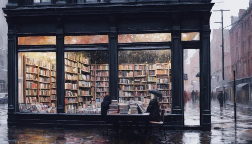 bookshop,bookstore,book store,rainy day,bookselling,rainy,bookworm,readers,chalk drawing,rainstorm,in the rain,books,oberlo,walking in the rain,little girl reading,bookcase,flooded,book wall,open book,watercolor shops,Illustration,Paper based,Paper Based 20