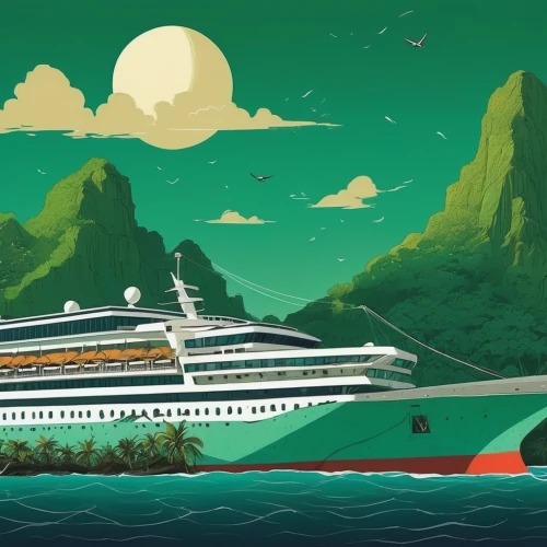 ocean liner,cruise ship,passenger ship,sea fantasy,ship travel,reefer ship,costa concordia,cruiseferry,hurtigruten,travel poster,troopship,ship traffic jams,polynesia,star line art,hospital ship,geirangerfjord,emerald sea,queen mary 2,ss rotterdam,moorea,Illustration,Realistic Fantasy,Realistic Fantasy 12