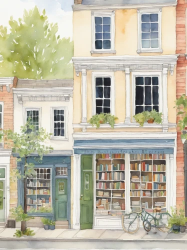 bookshop,watercolor shops,watercolor tea shop,bookstore,watercolor cafe,book store,bookselling,tea and books,bookshelves,bookworm,bookcase,watercolor paris shops,coffee and books,oxford,apothecary,facade painting,books,watercolor background,flower shop,book wall,Illustration,Paper based,Paper Based 22