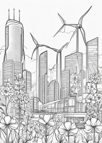 wind turbines,wind park,energy transition,ecological sustainable development,fields of wind turbines,wind power plant,park wind farm,offshore wind park,renewable energy,renewable,wind power generation,wind farm,tall buildings,wind power,coloring page,wind energy,eco-construction,sustainability,wind mills,sustainable development,Illustration,Black and White,Black and White 04