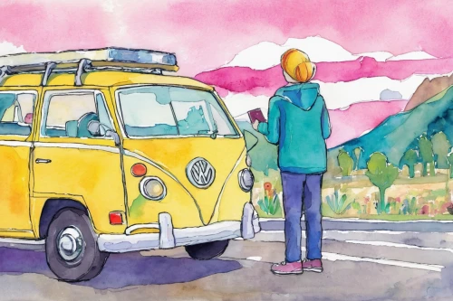 vanagon,vwbus,campervan,camper van,vanlife,travel van,vw van,volkswagenbus,yellow car,vw bus,traveling,car drawing,subaru 360,traveler,yellow taxi,autumn camper,travel woman,road trip,watercolor background,travelers,Illustration,Paper based,Paper Based 06