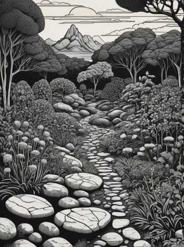 brook landscape,mushroom landscape,cool woodblock images,pathway,swampy landscape,stone garden,arid landscape,olle gill,hare trail,david bates,stone drawing,woodblock prints,vegetables landscape,stream bed,moorland,volcanic landscape,hiking path,background with stones,salt meadow landscape,meander,Illustration,Black and White,Black and White 18